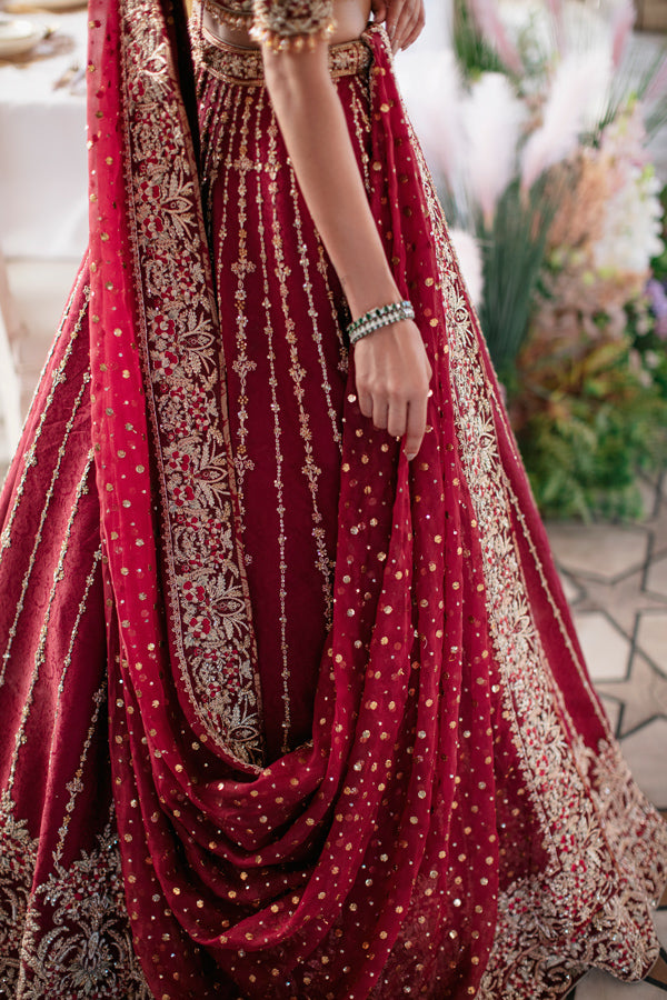 Pakistani Deep Red Embroidered Net Organza Lehenga (3-Piece) - Image 5