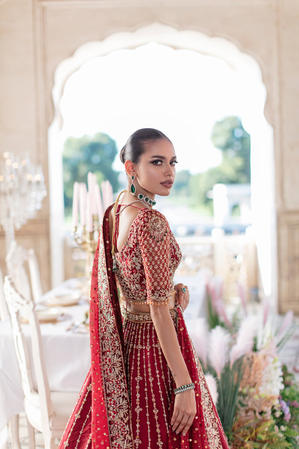 Pakistani Deep Red Embroidered Net Organza Lehenga (3-Piece) - Image 6
