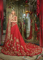 Pakistani Deep Red Zardozi Net & Organza Bridal Lehenga Choli (3-Piece) - Image 3