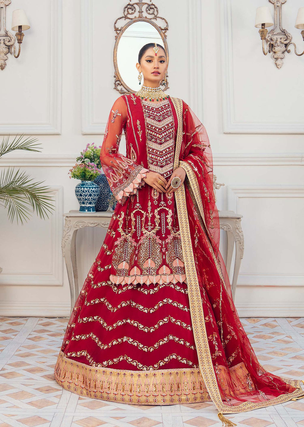 Deep Red Hand-Embellished Net & Organza Bridal Lehenga (3-Piece) - Image 1