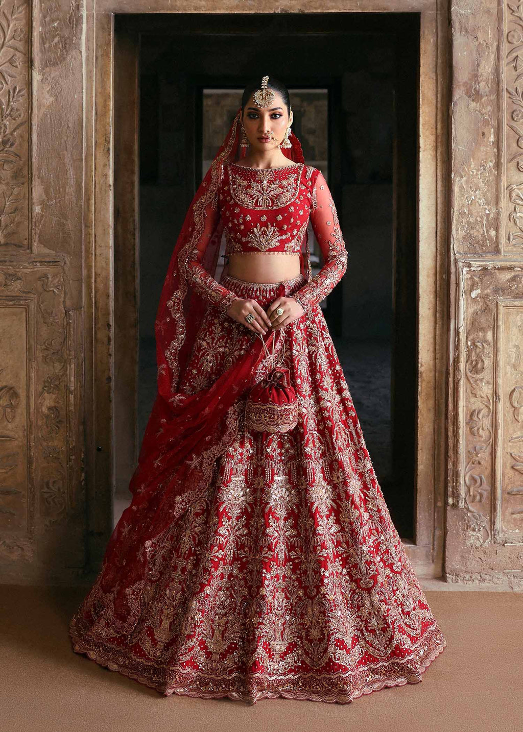 Pakistani Crimson Red Hand-Embellished Net Organza Bridal Lehenga (3-Piece) - Image 1