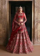 Pakistani Crimson Red Hand-Embellished Net Organza Bridal Lehenga (3-Piece) - Image 2