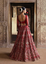 Pakistani Crimson Red Hand-Embellished Net Organza Bridal Lehenga (3-Piece) - Image 3