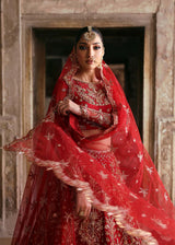 Pakistani Crimson Red Hand-Embellished Net Organza Bridal Lehenga (3-Piece) - Image 6