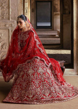 Pakistani Crimson Red Hand-Embellished Net Organza Bridal Lehenga (3-Piece) - Image 8