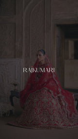Pakistani Crimson Red Hand-Embellished Net Organza Bridal Lehenga (3-Piece) - Image 9