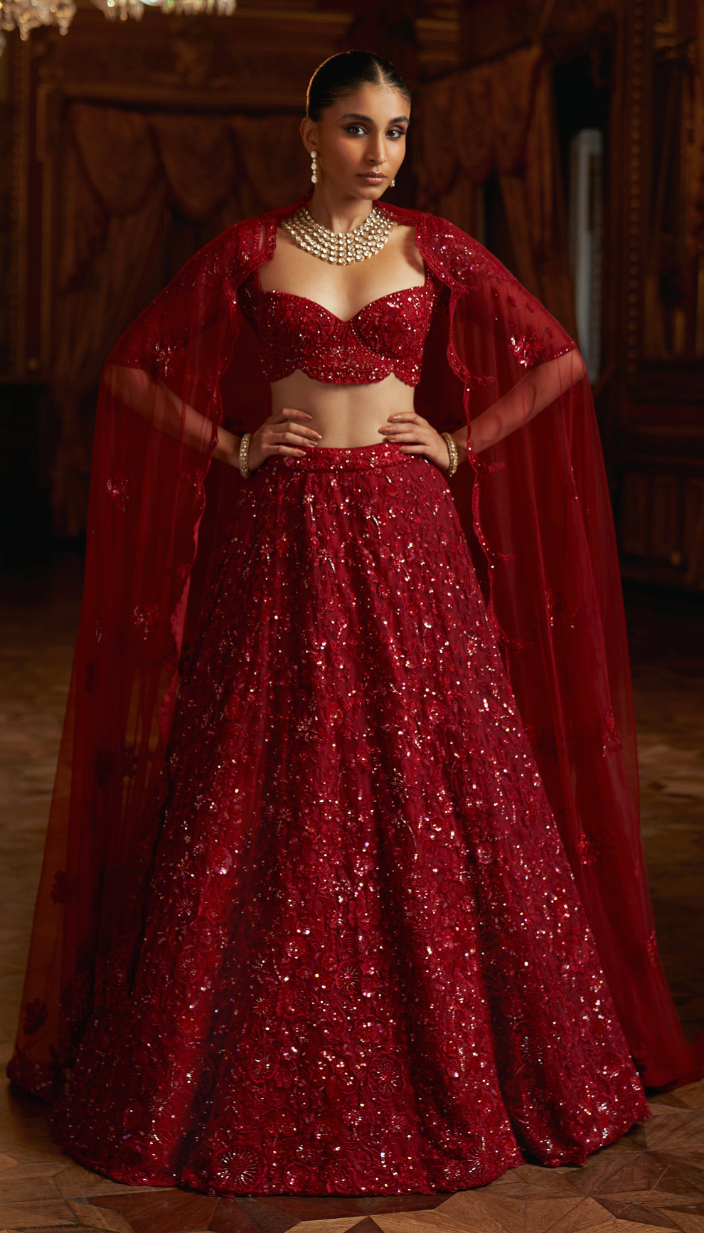 Rose Red Embroidered Net Lehenga Dress (3-Piece) - Image 1