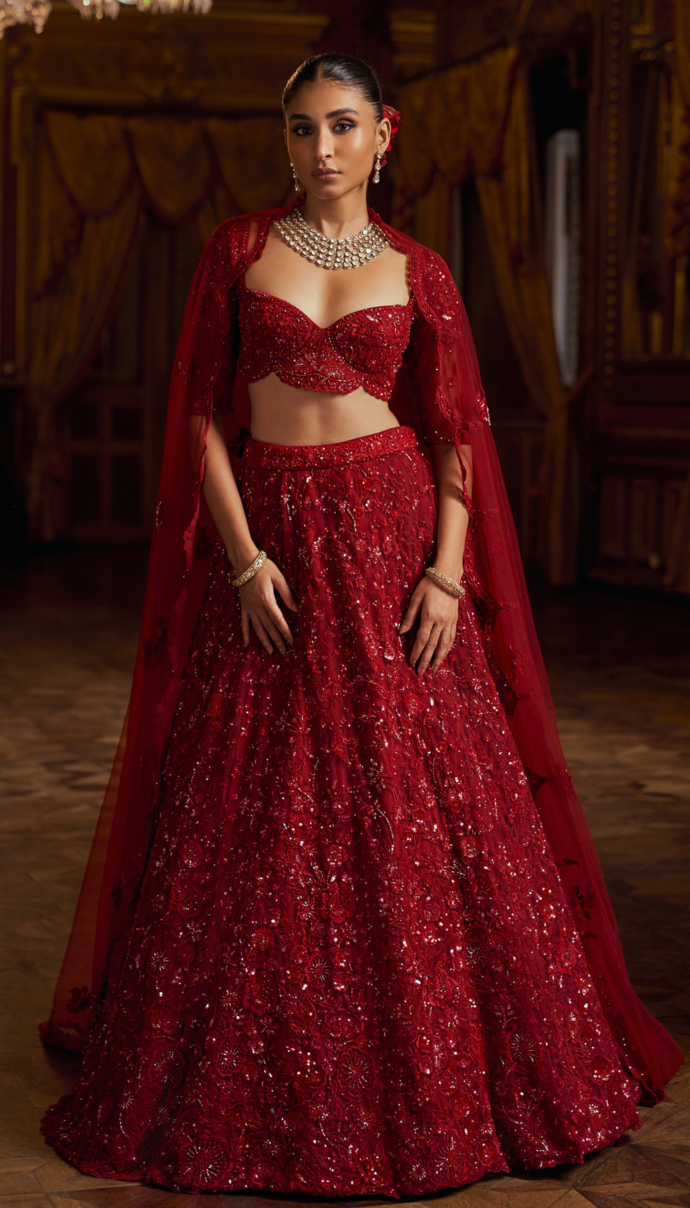 Rose Red Embroidered Net Lehenga Dress (3-Piece) - Image 2