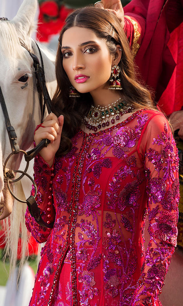 Red Sequin Embellished Net Jacket Lehnga (2-Piece) - Image 4