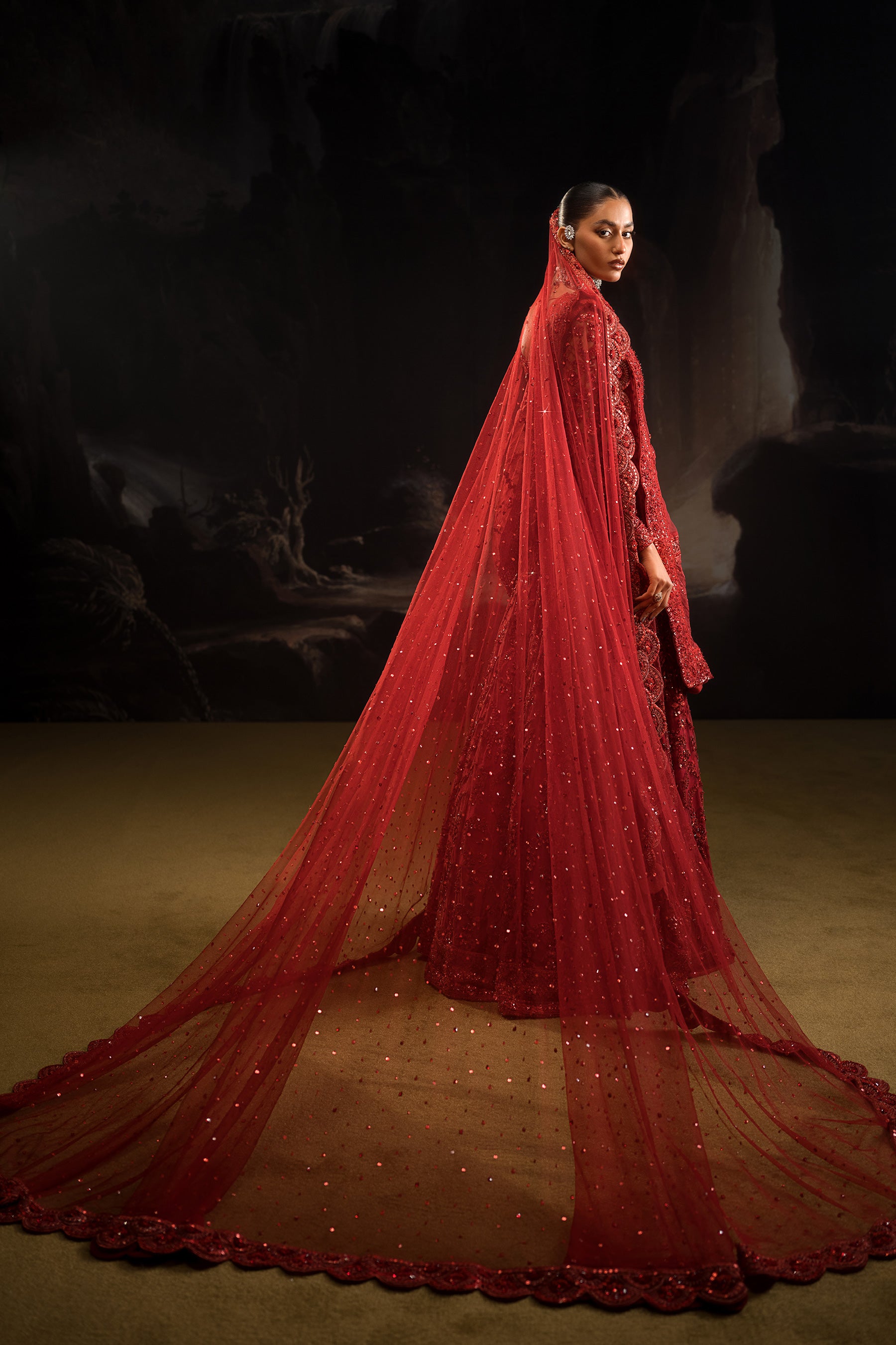 Pakistani Red Hand-Embellished Net Lehenga Choli (4-5 Piece) - Image 4