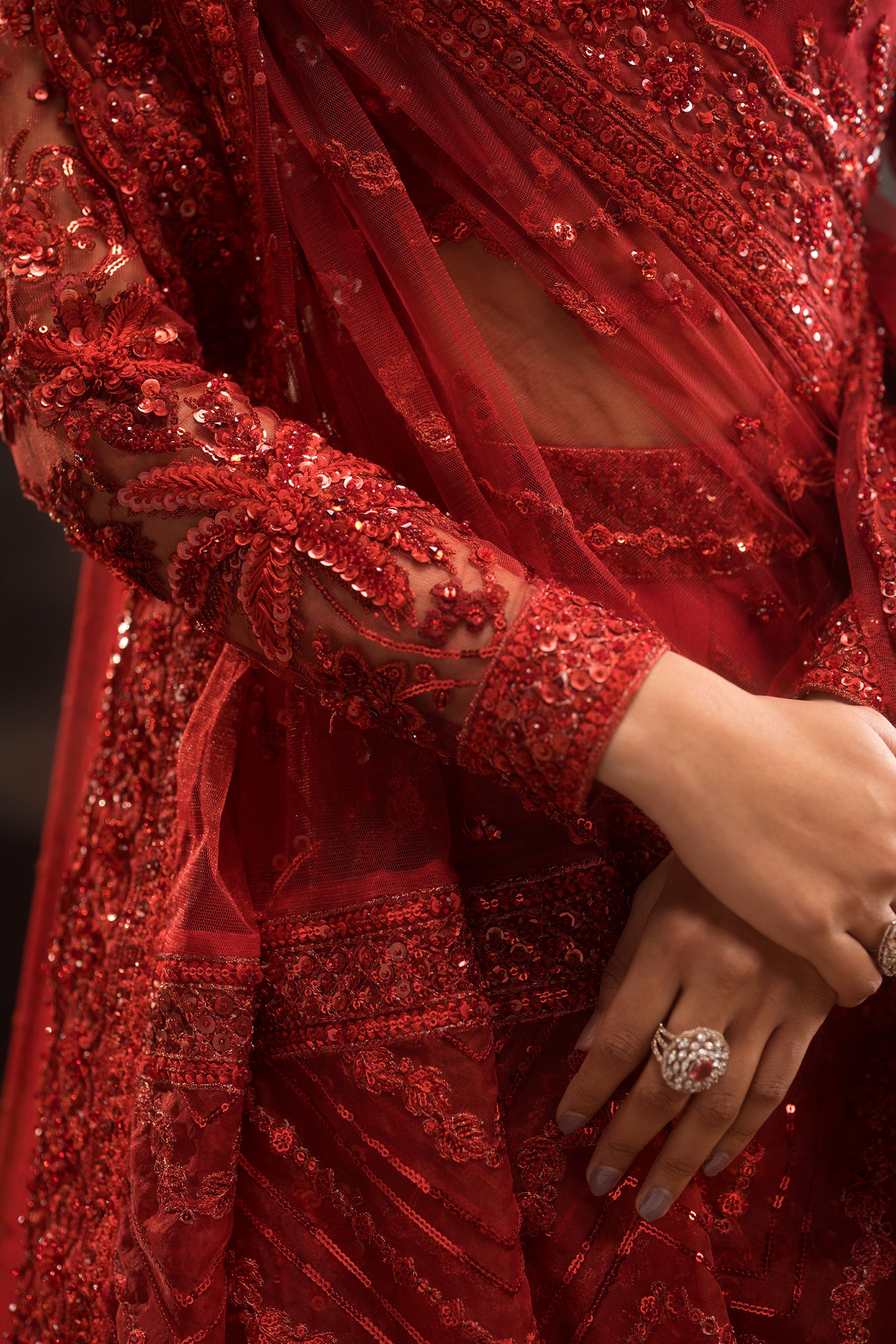 Pakistani Red Hand-Embellished Net Lehenga Choli (4-5 Piece) - Image 6