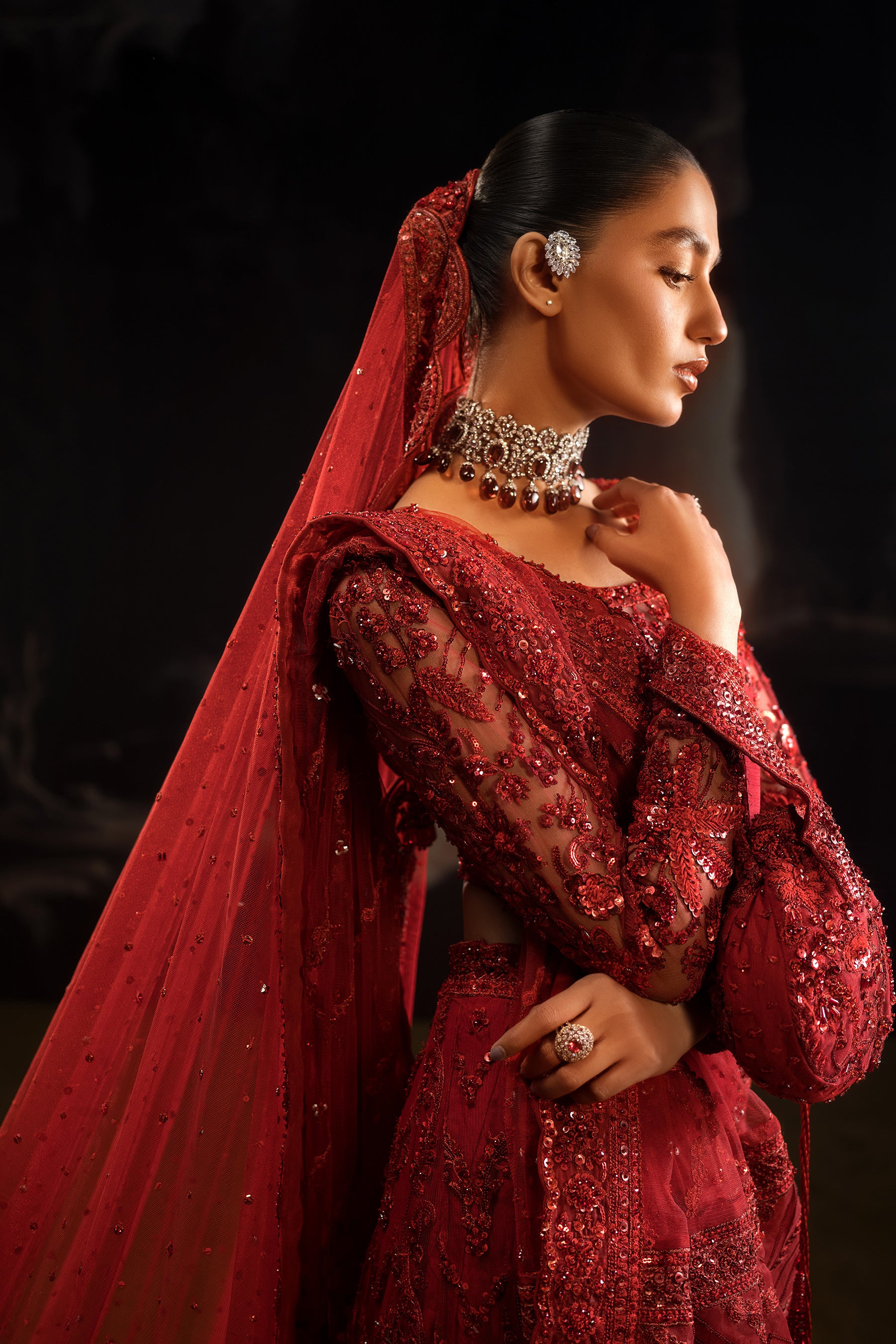 Pakistani Red Hand-Embellished Net Lehenga Choli (4-5 Piece) - Image 8