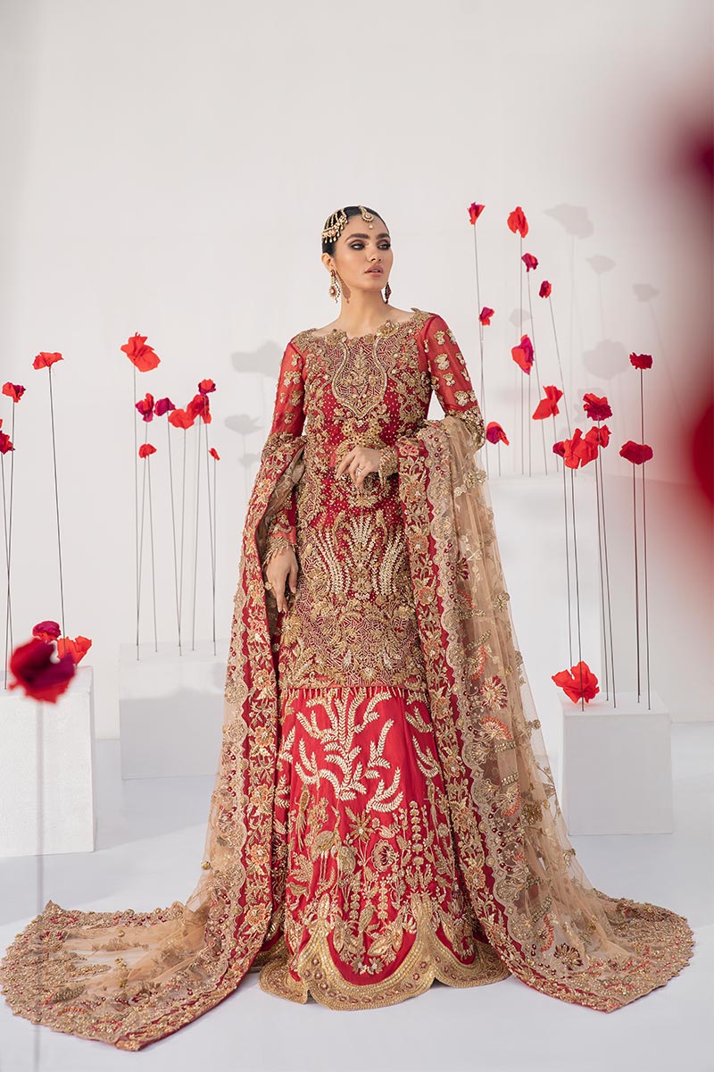 Pakistani Ruby Red Embroidered Net Lehenga Set (3-Piece) - Image 1