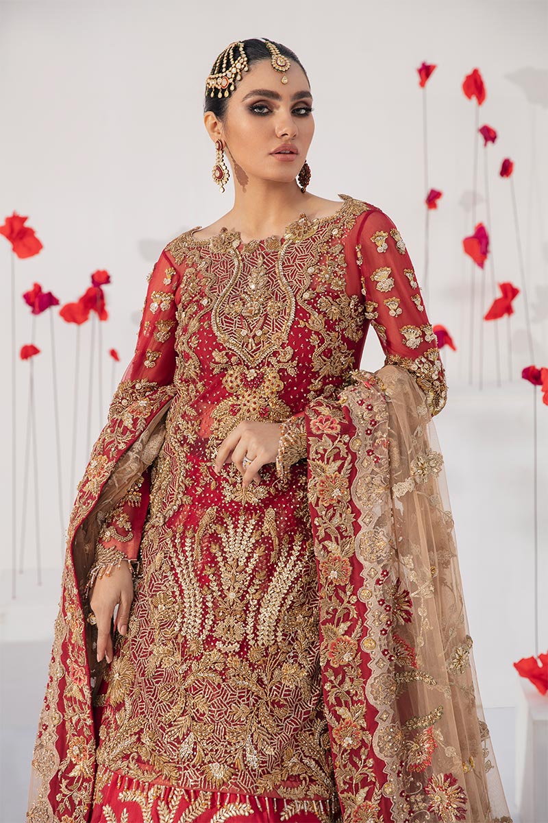 Pakistani Ruby Red Embroidered Net Lehenga Set (3-Piece) - Image 2
