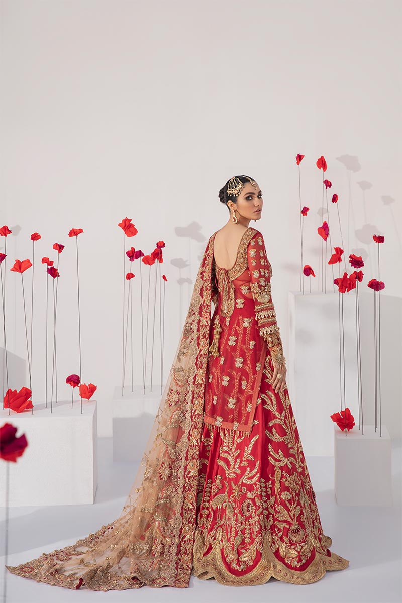 Pakistani Ruby Red Embroidered Net Lehenga Set (3-Piece) - Image 3