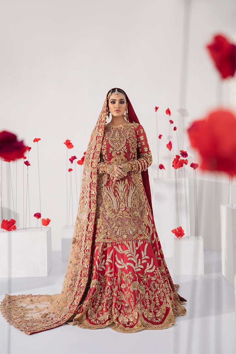 Pakistani Ruby Red Embroidered Net Lehenga Set (3-Piece) - Image 5