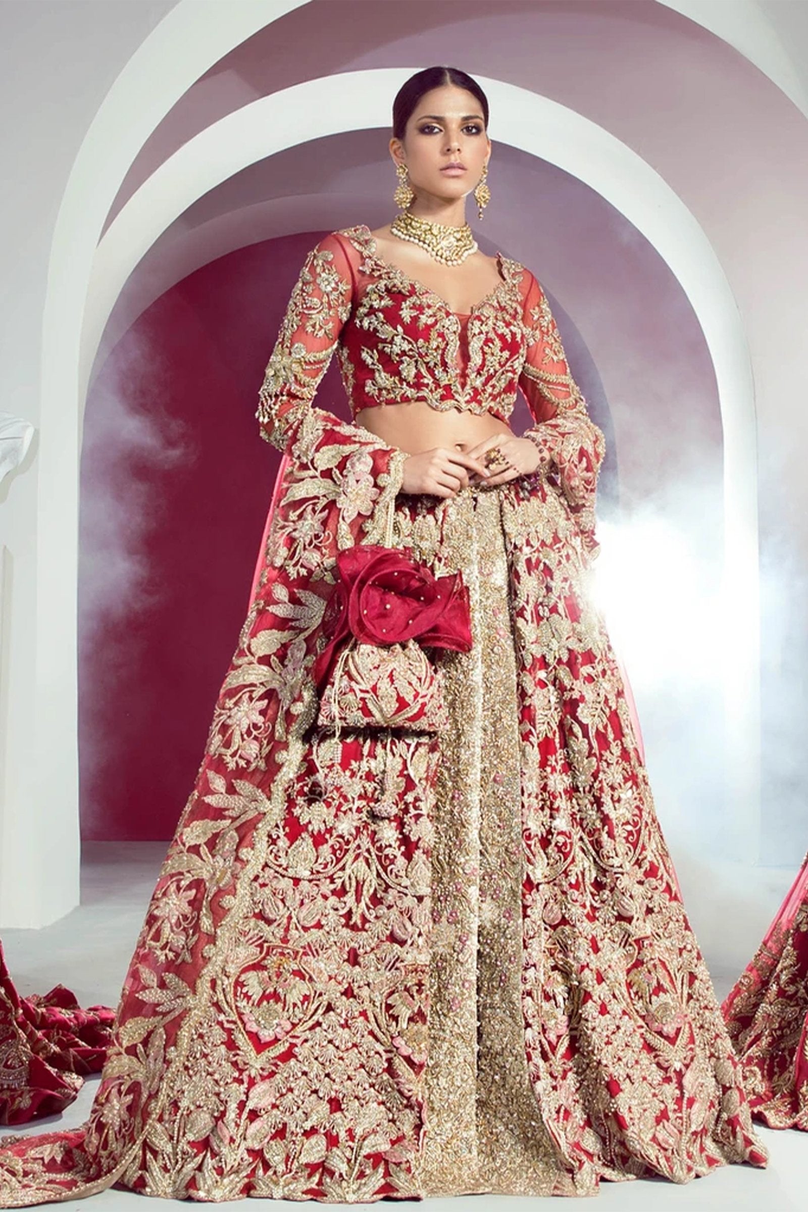 Pakistani Deep Red Embroidered Net Bridal Lehenga Choli (3-Piece) - Image 1