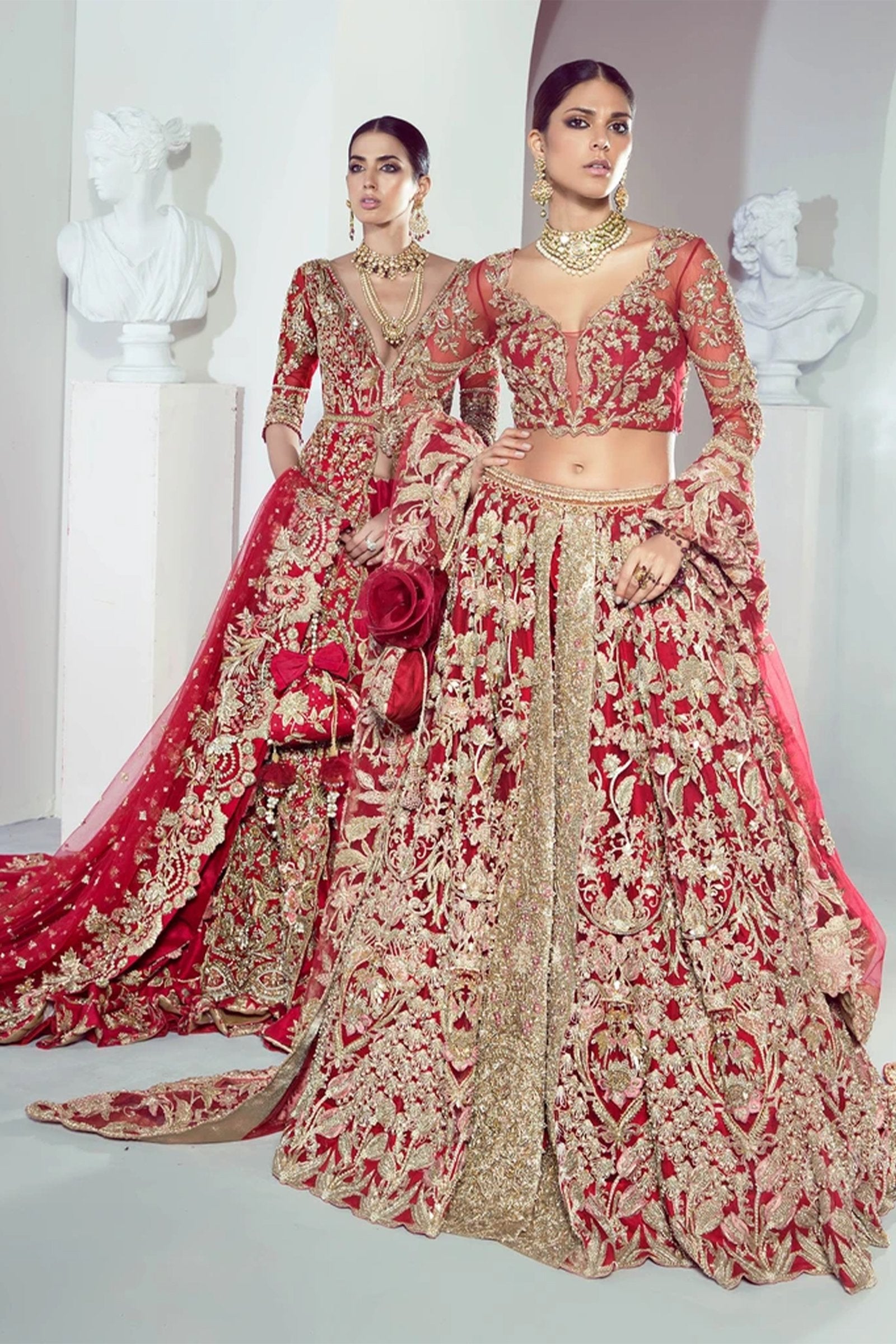 Pakistani Deep Red Embroidered Net Bridal Lehenga Choli (3-Piece) - Image 2