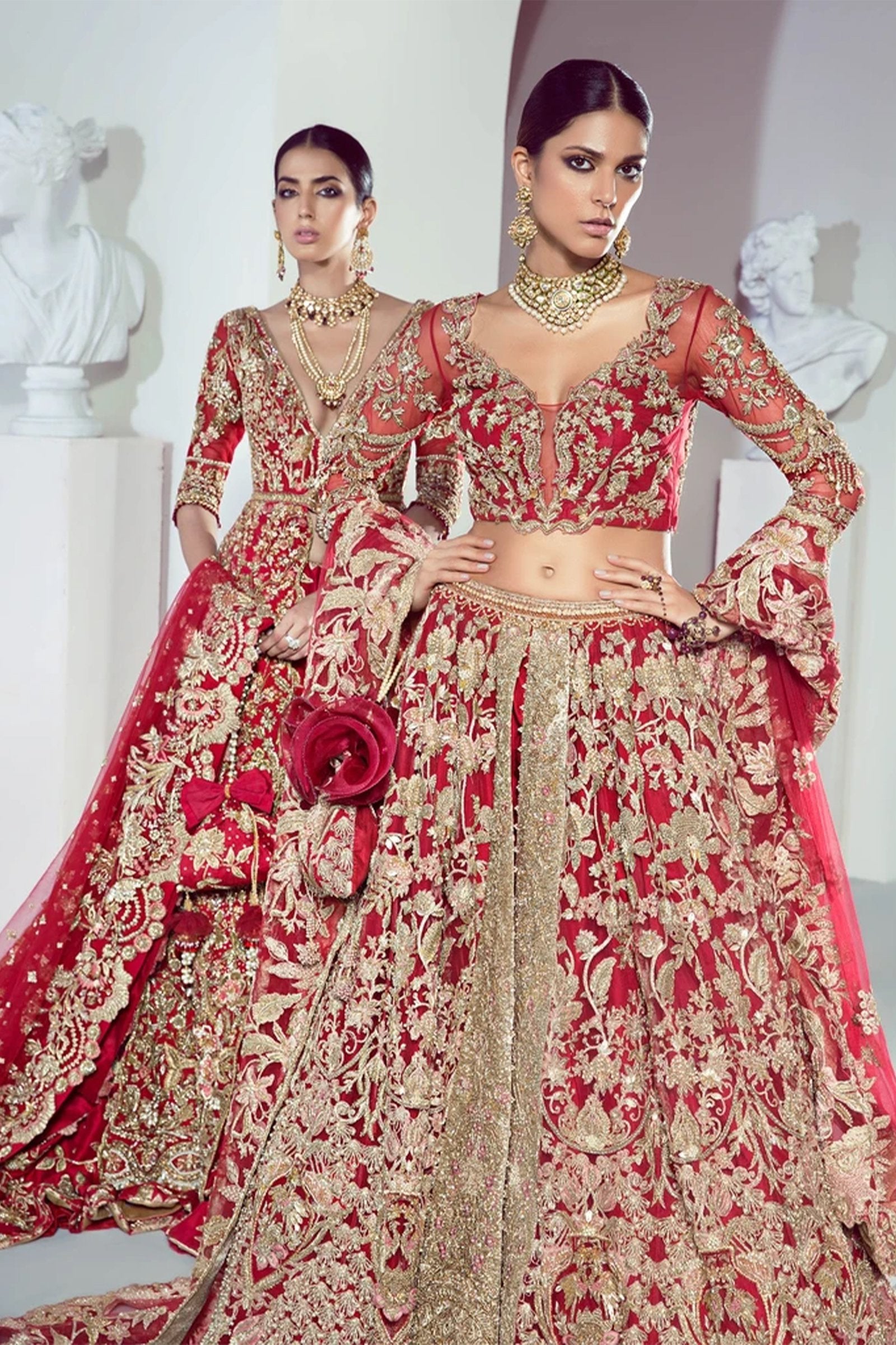 Pakistani Deep Red Embroidered Net Bridal Lehenga Choli (3-Piece) - Image 3