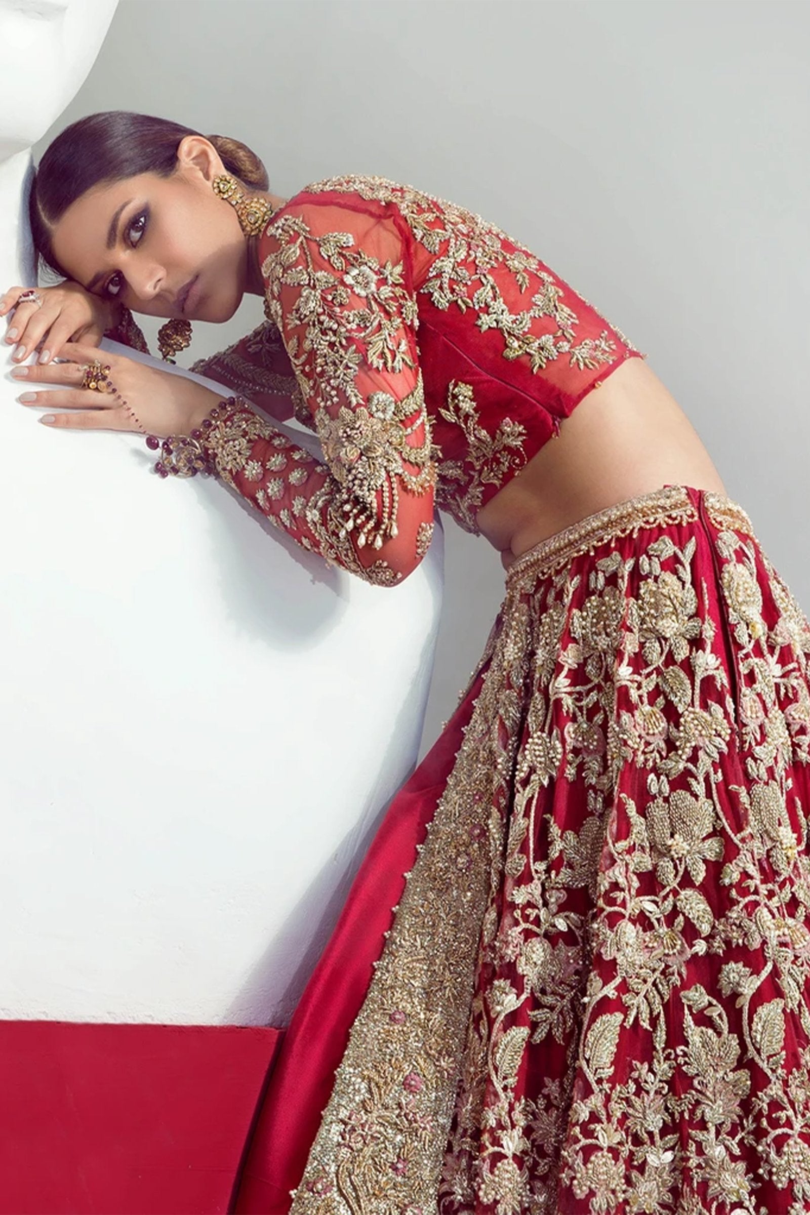 Pakistani Deep Red Embroidered Net Bridal Lehenga Choli (3-Piece) - Image 4