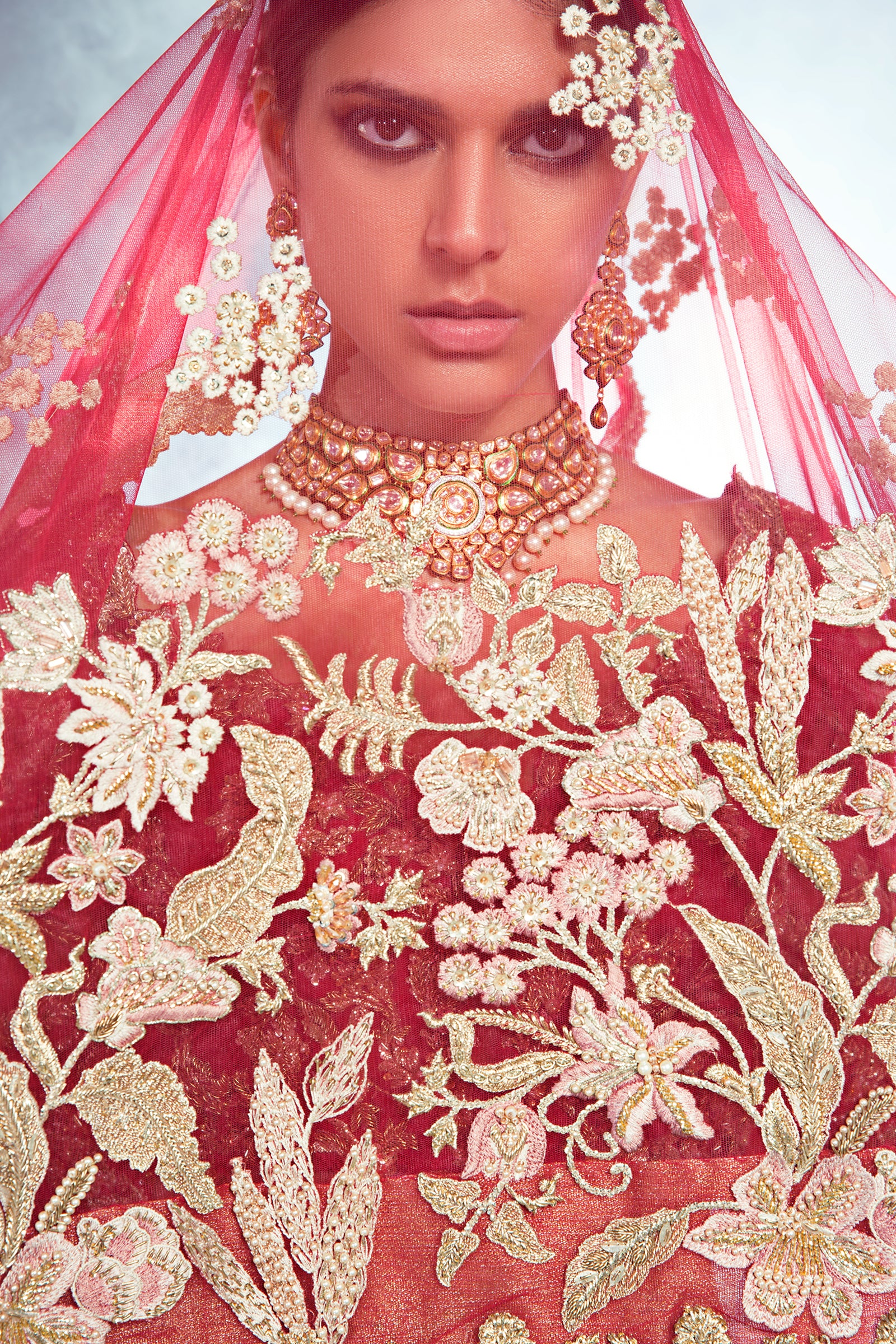 Pakistani Deep Red Embroidered Net Bridal Lehenga Choli (3-Piece) - Image 6