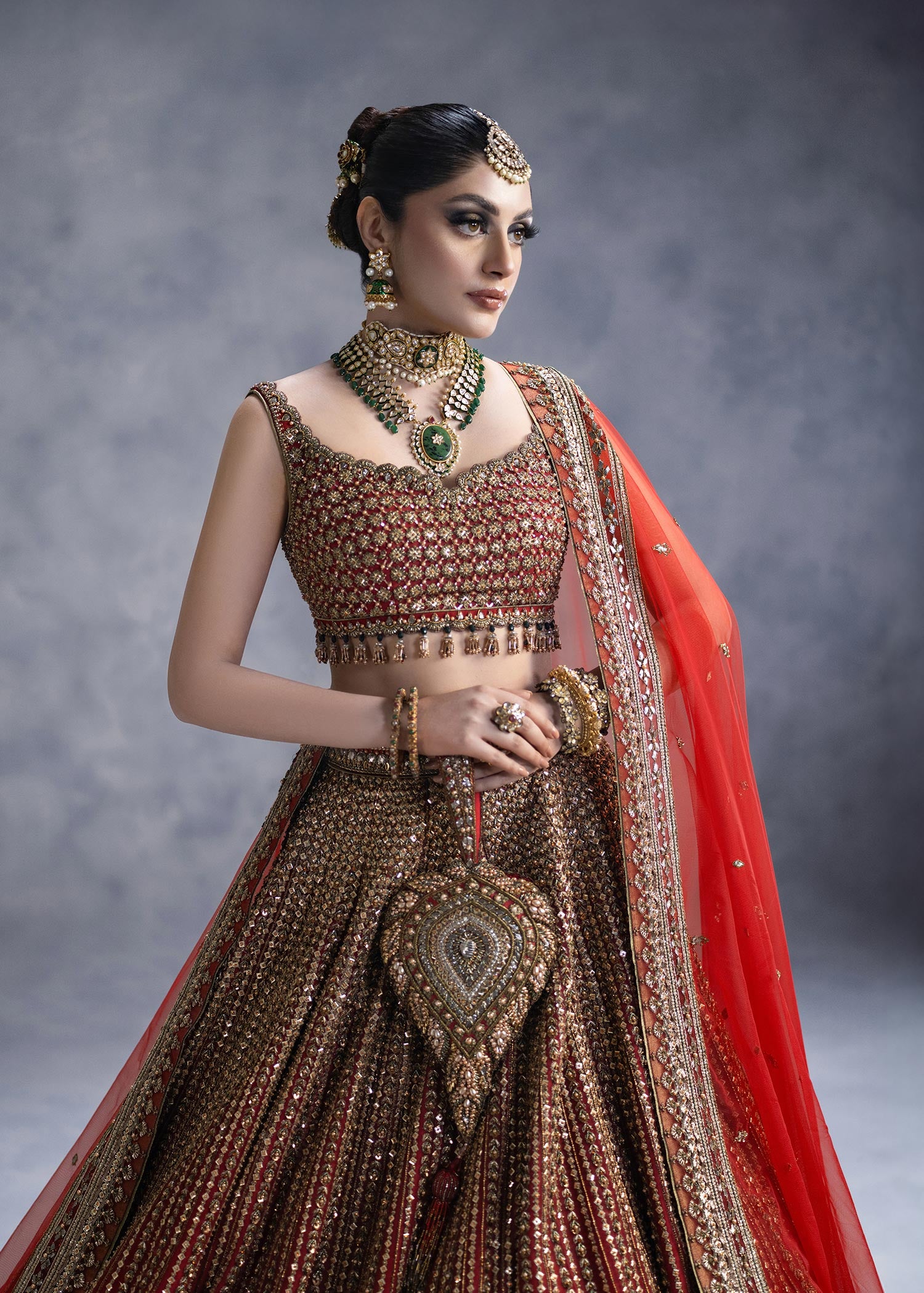 Deep Crimson Zardozi Net & Silk Lehenga Choli (3-Piece) - Image 2
