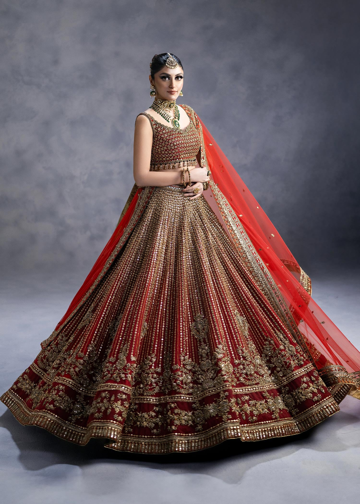 Deep Crimson Zardozi Net & Silk Lehenga Choli (3-Piece) - Image 6