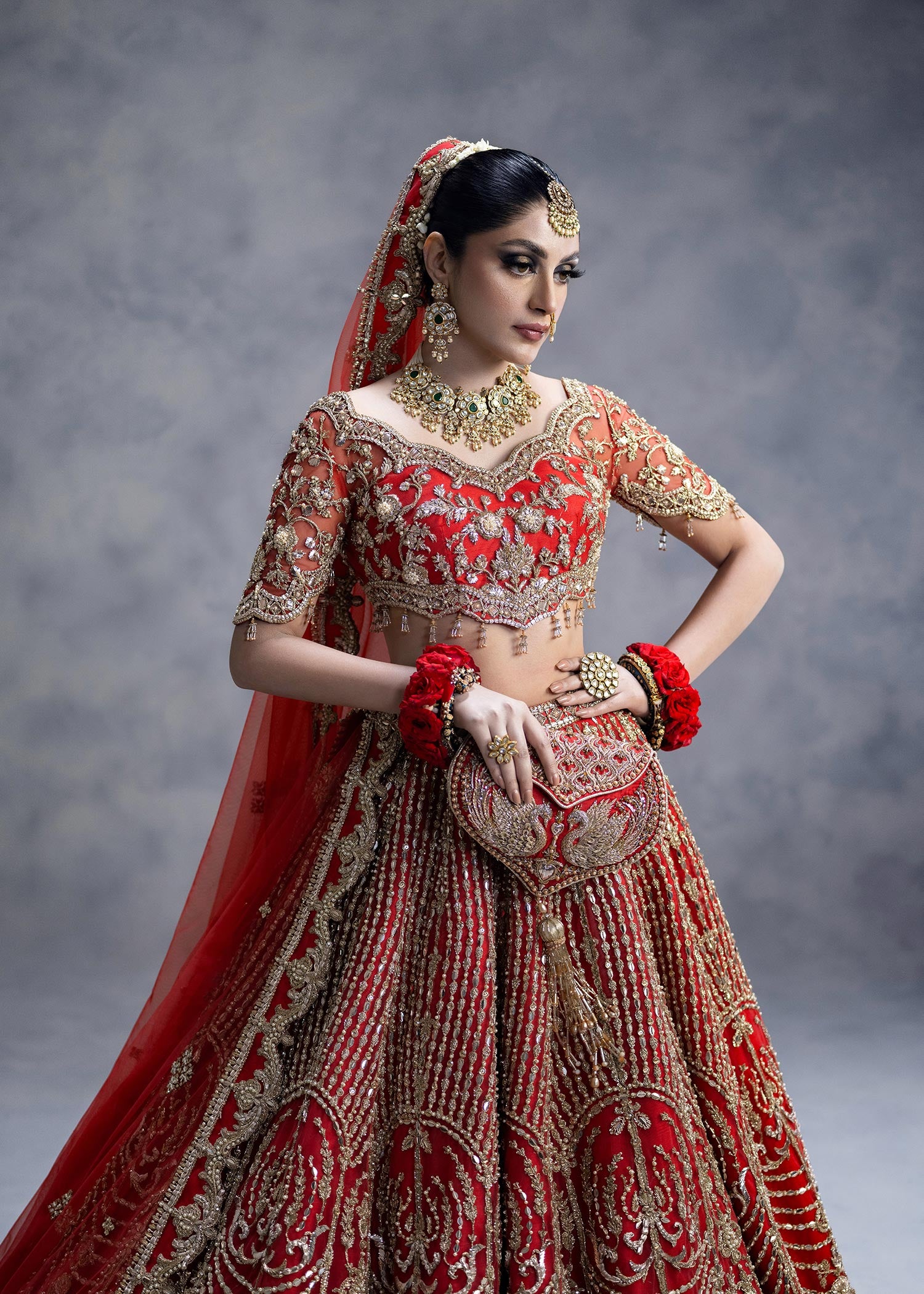 Vermilion Red Zardozi Net Silk Lehenga Choli (3-Piece) - Image 2