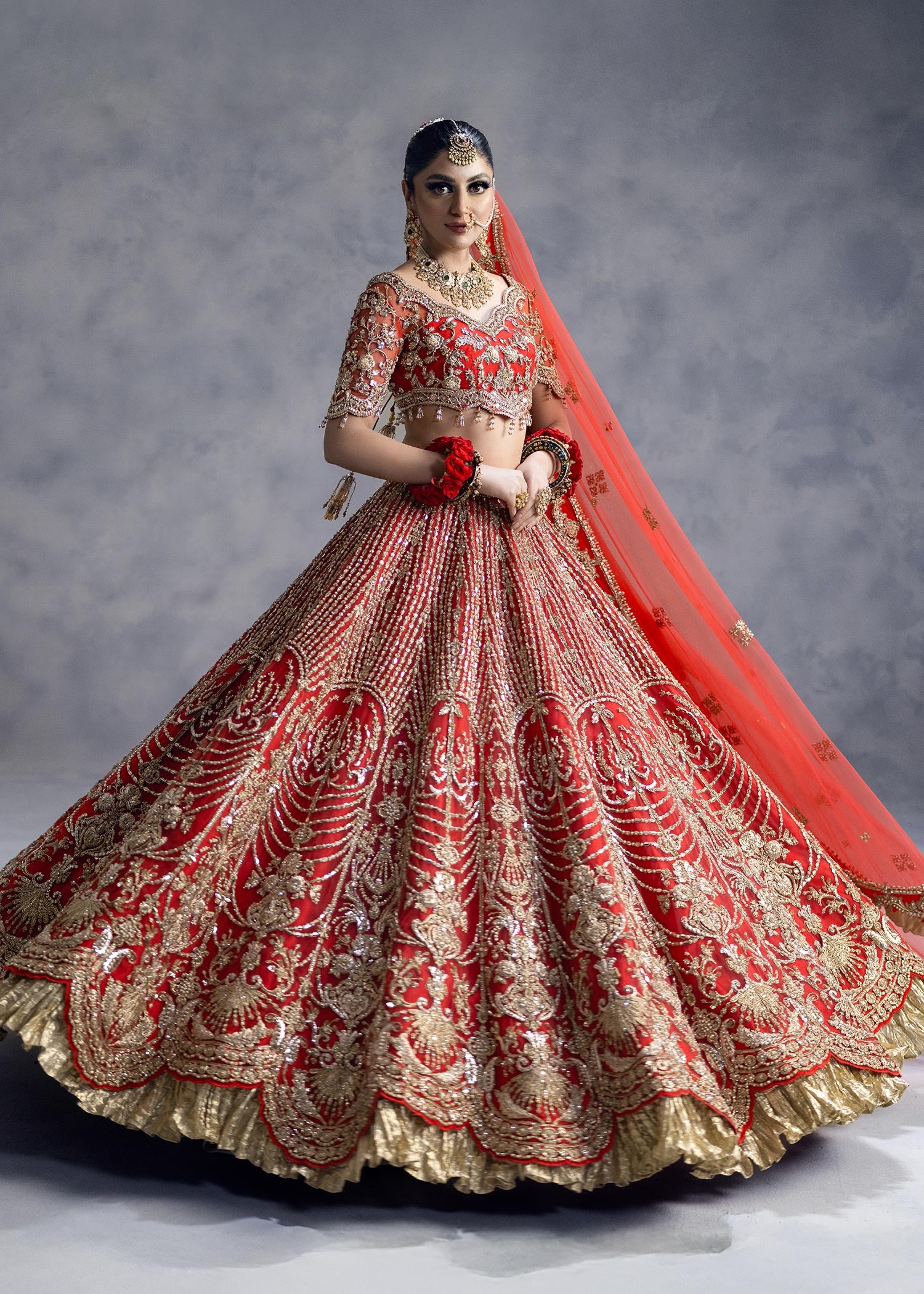Vermilion Red Zardozi Net Silk Lehenga Choli (3-Piece) - Image 3