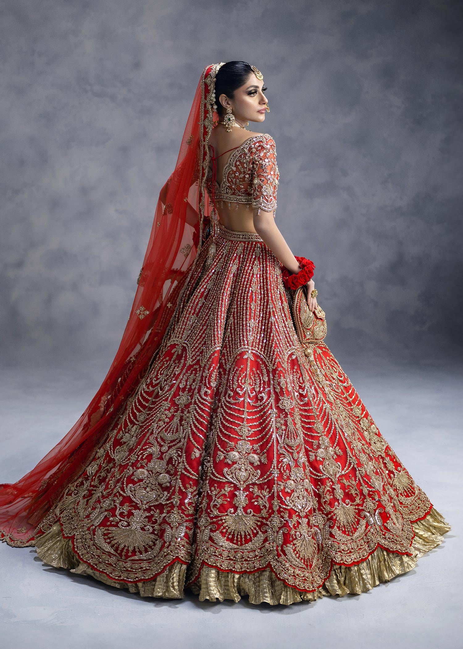 Vermilion Red Zardozi Net Silk Lehenga Choli (3-Piece) - Image 4
