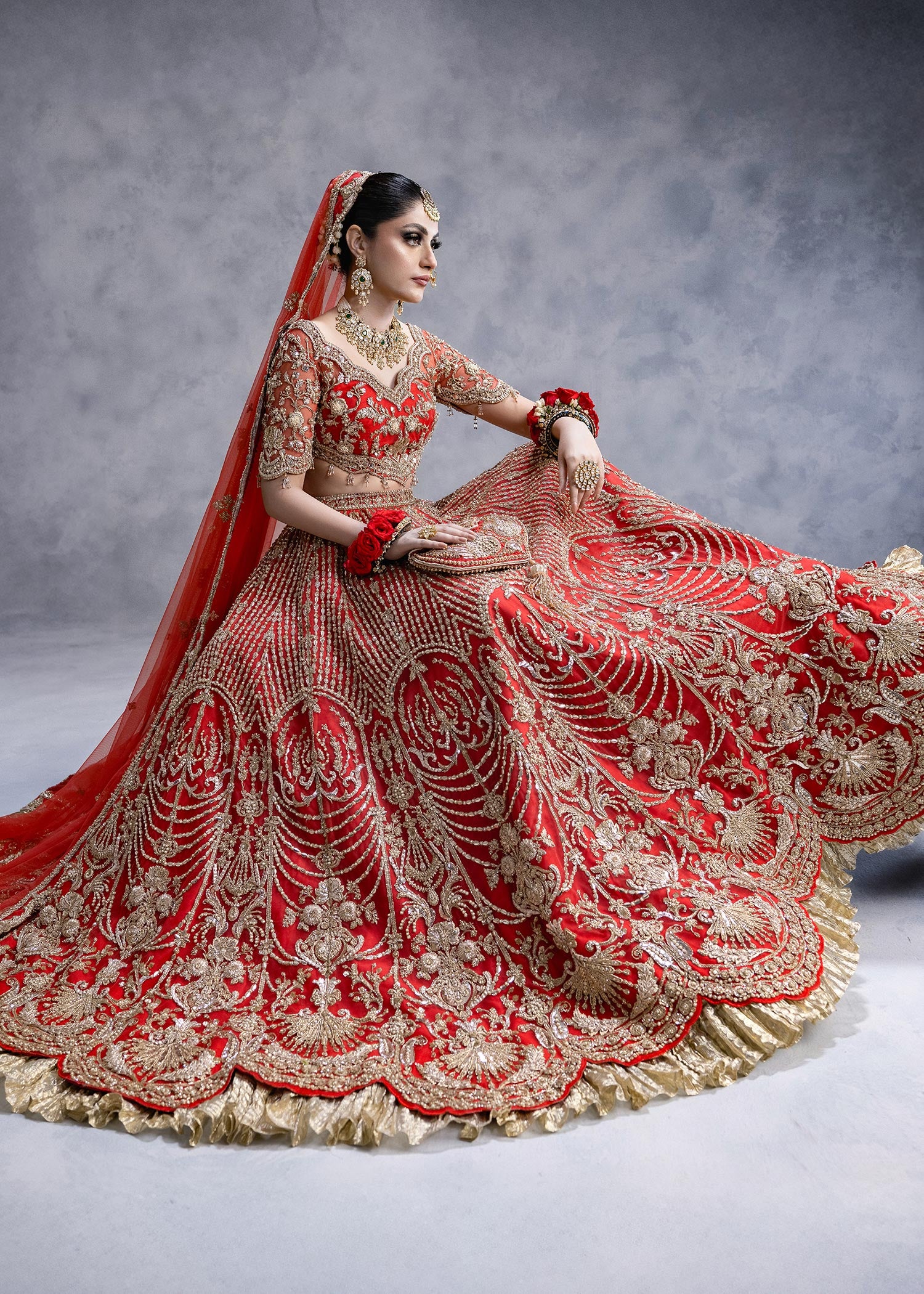 Vermilion Red Zardozi Net Silk Lehenga Choli (3-Piece) - Image 5