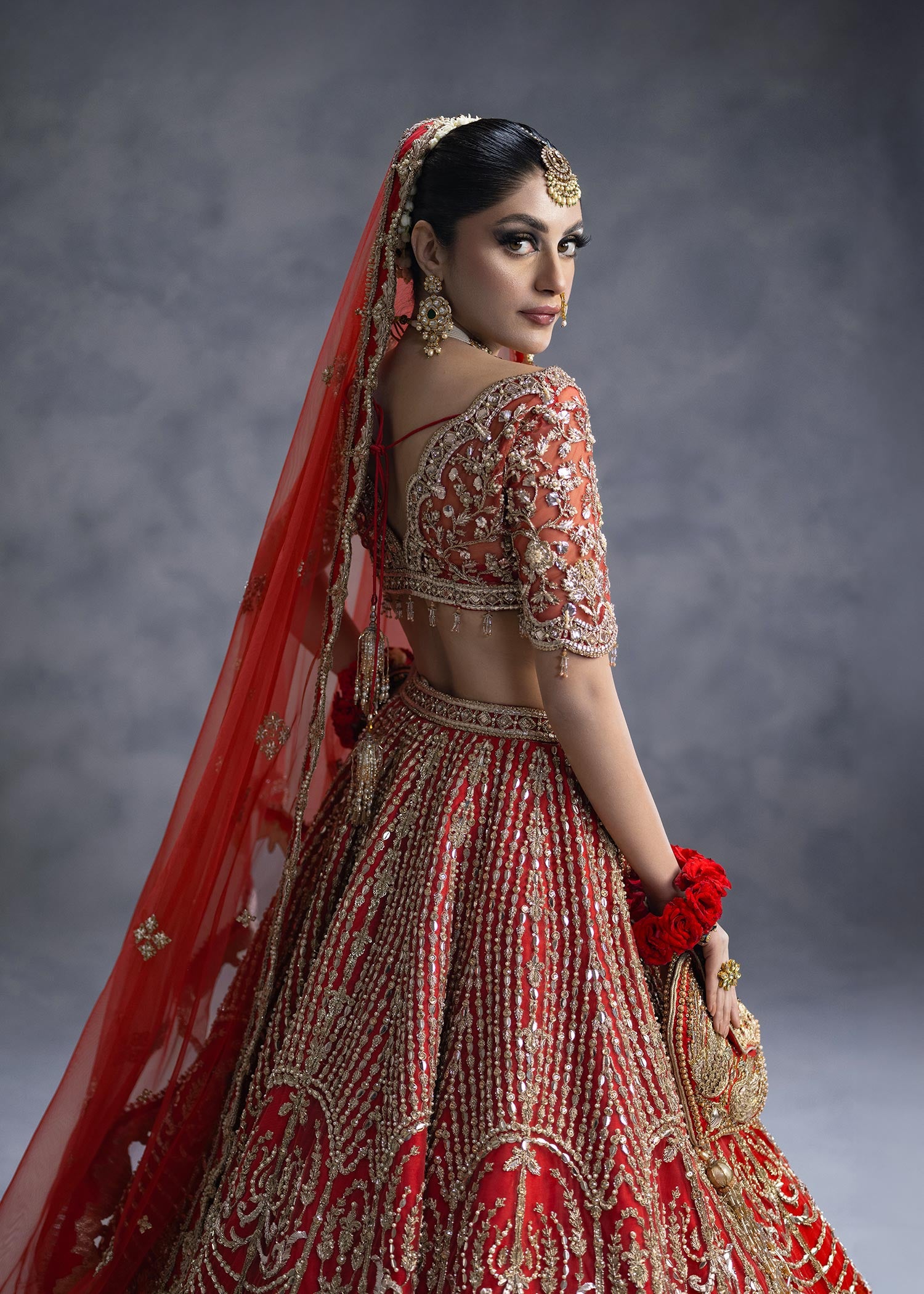Vermilion Red Zardozi Net Silk Lehenga Choli (3-Piece) - Image 6