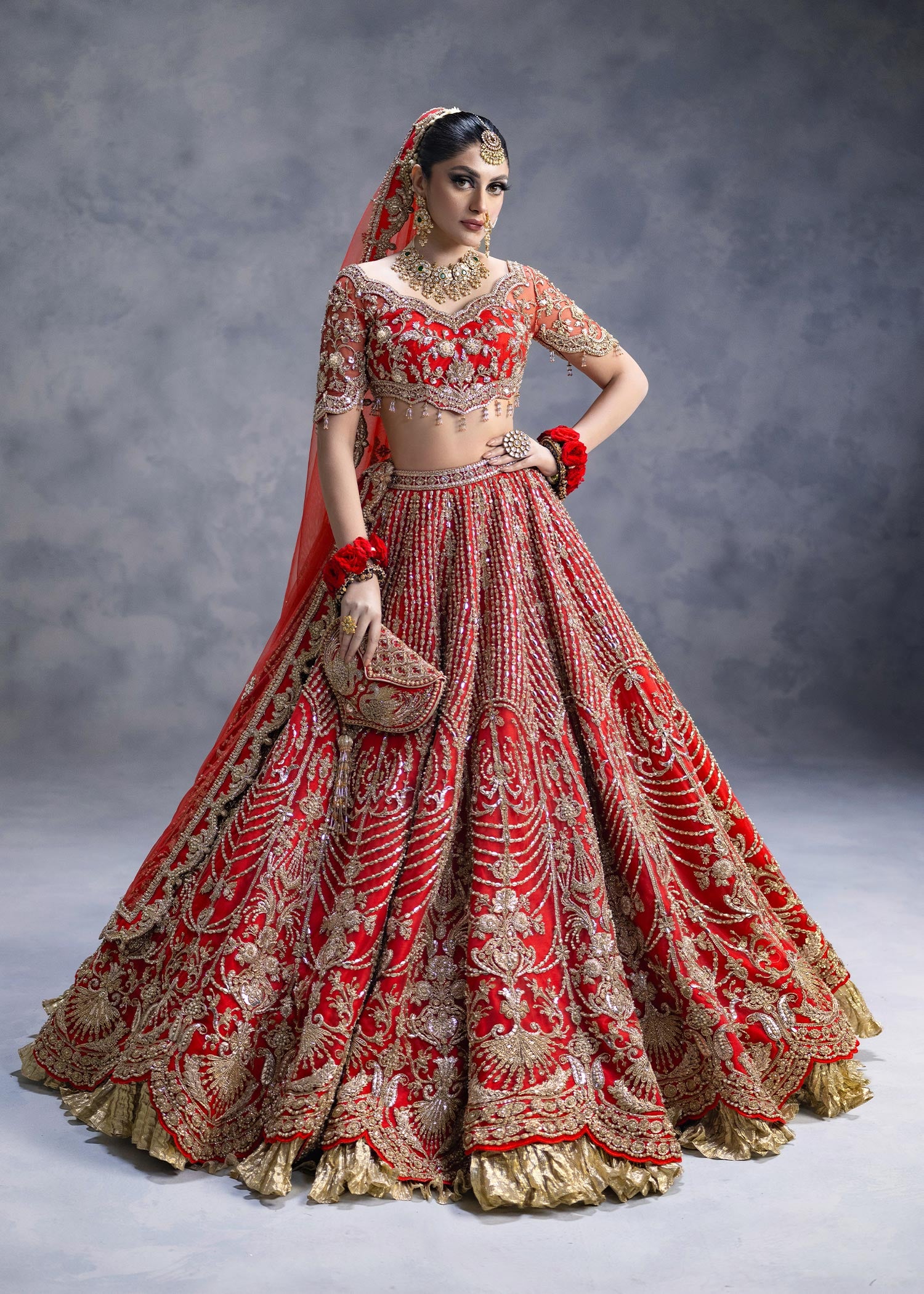 Indian Vermilion Red Zardozi Net Silk Lehenga Choli (3-Piece) - Image 1