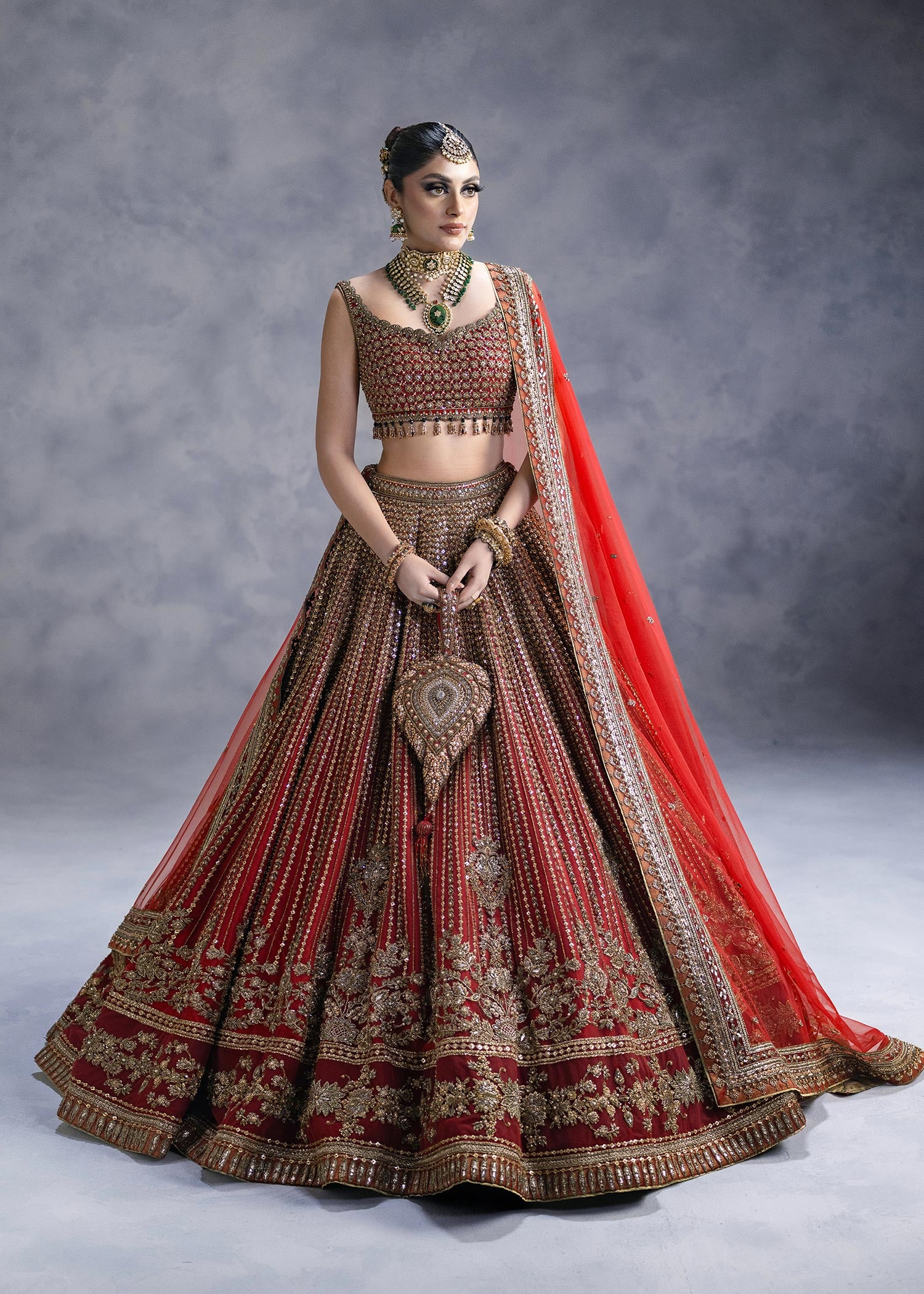 Indian Deep Crimson Zardozi Net Silk Lehenga Choli (3-Piece) - Image 1
