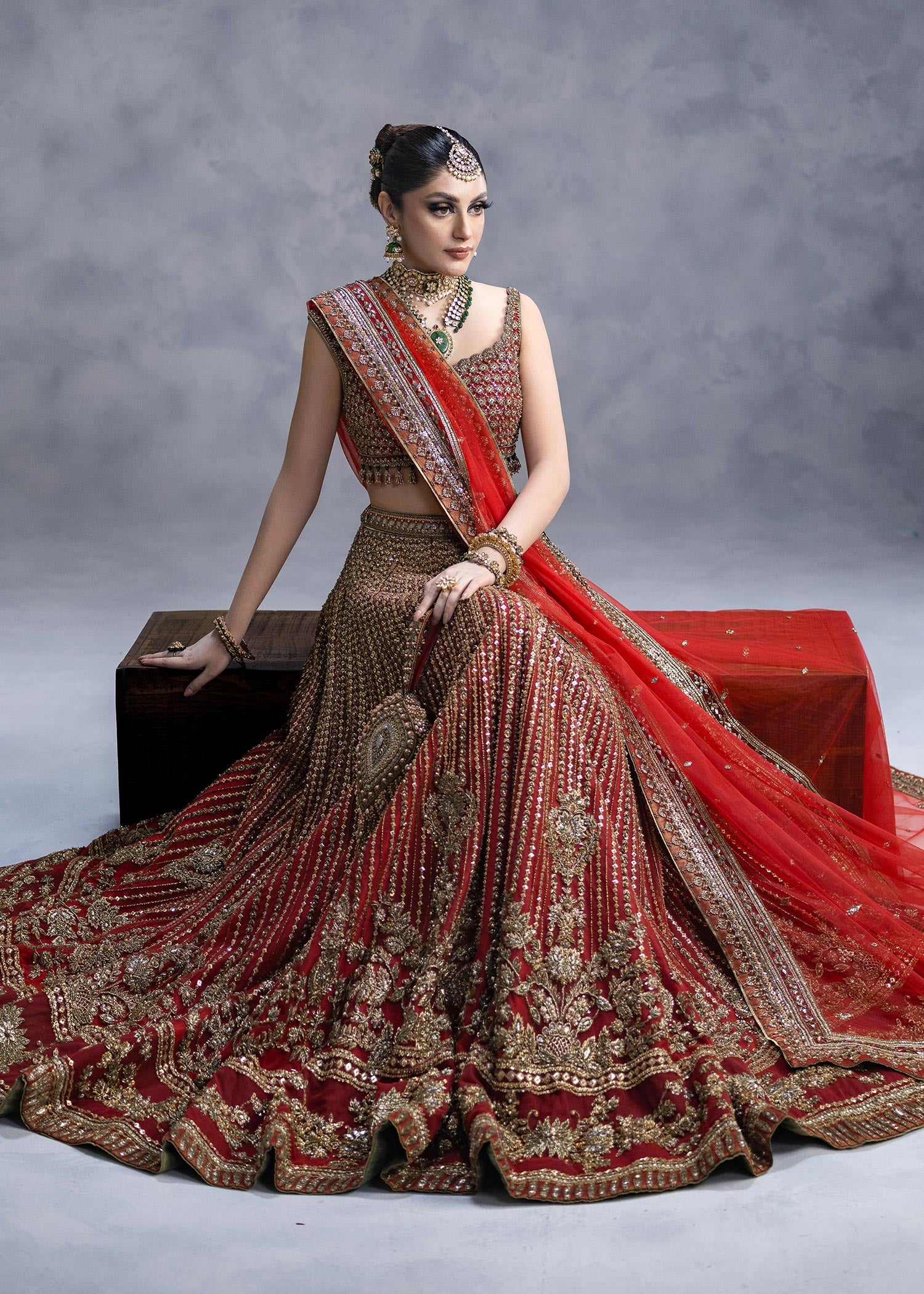 Indian Deep Crimson Zardozi Net Silk Lehenga Choli (3-Piece) - Image 3