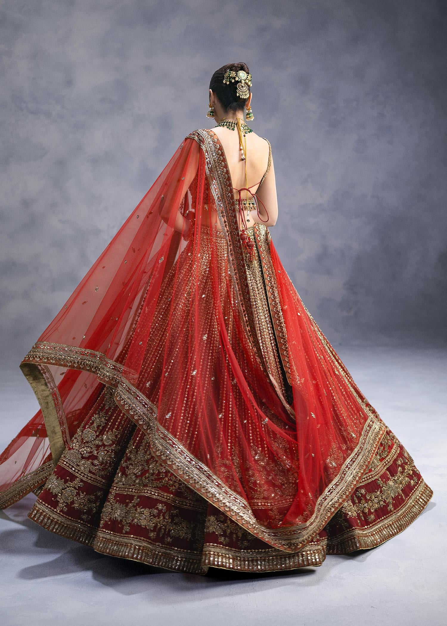 Indian Deep Crimson Zardozi Net Silk Lehenga Choli (3-Piece) - Image 4