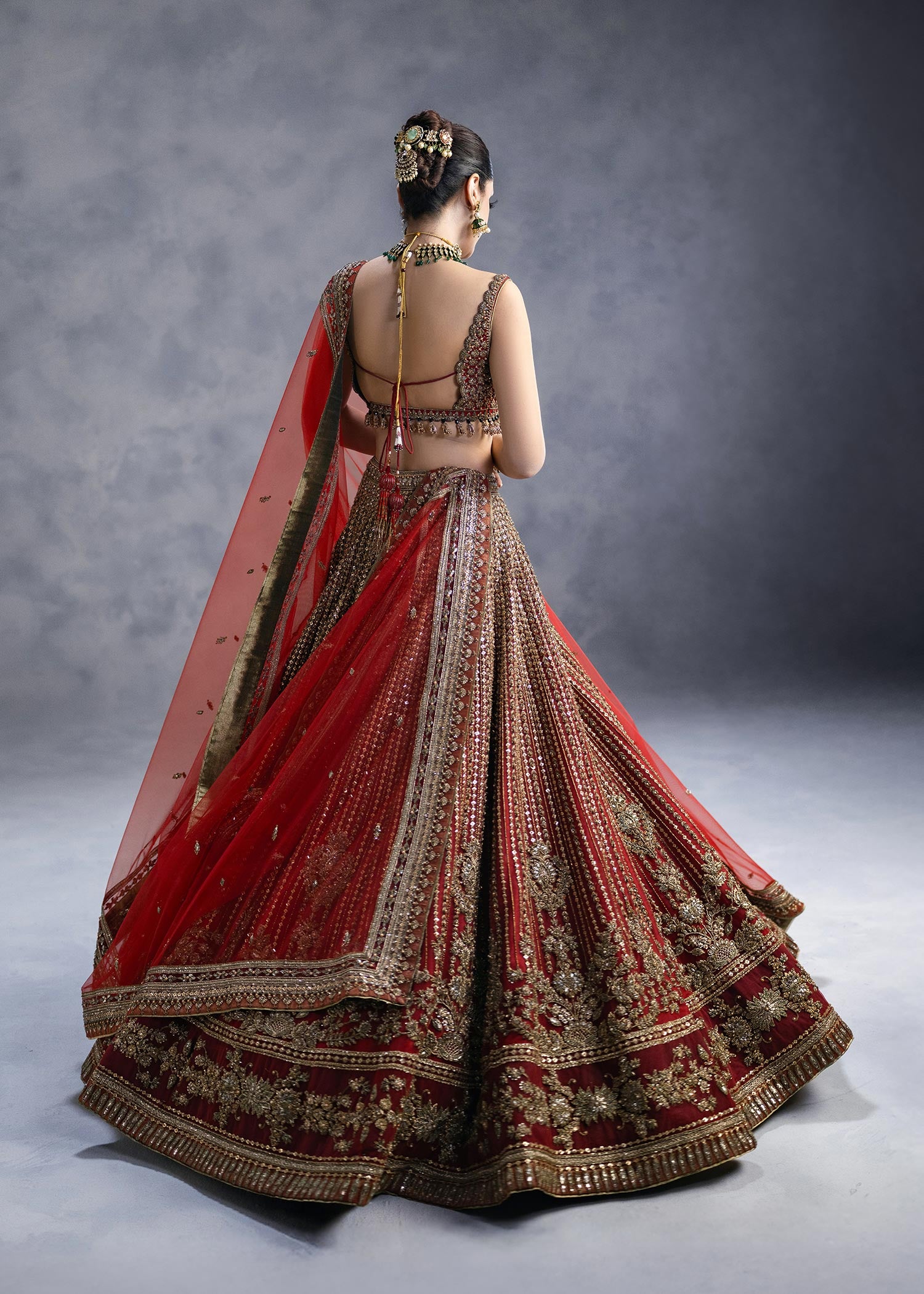 Indian Deep Crimson Zardozi Net Silk Lehenga Choli (3-Piece) - Image 7