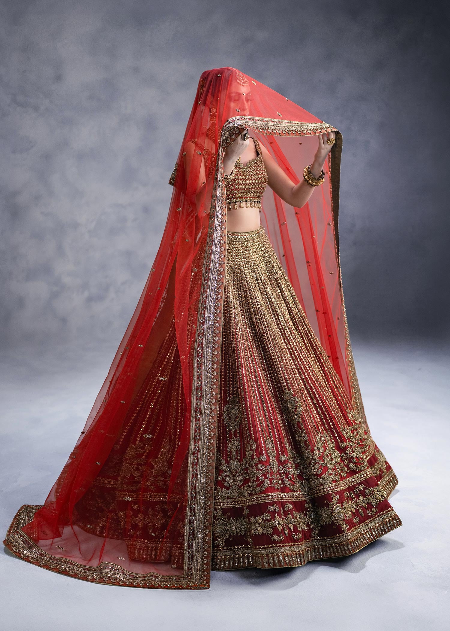 Indian Deep Crimson Zardozi Net Silk Lehenga Choli (3-Piece) - Image 8