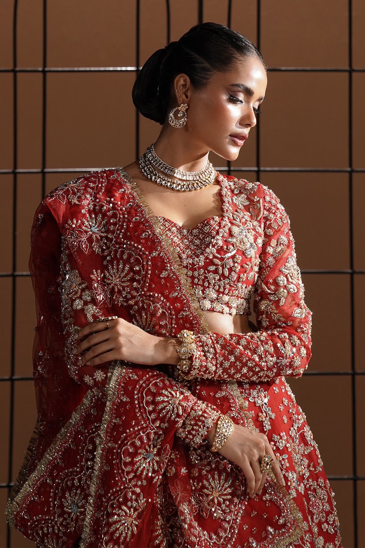 Deep Red Embellished Net Silk Bridal Lehenga Choli (3-Piece) - Image 1