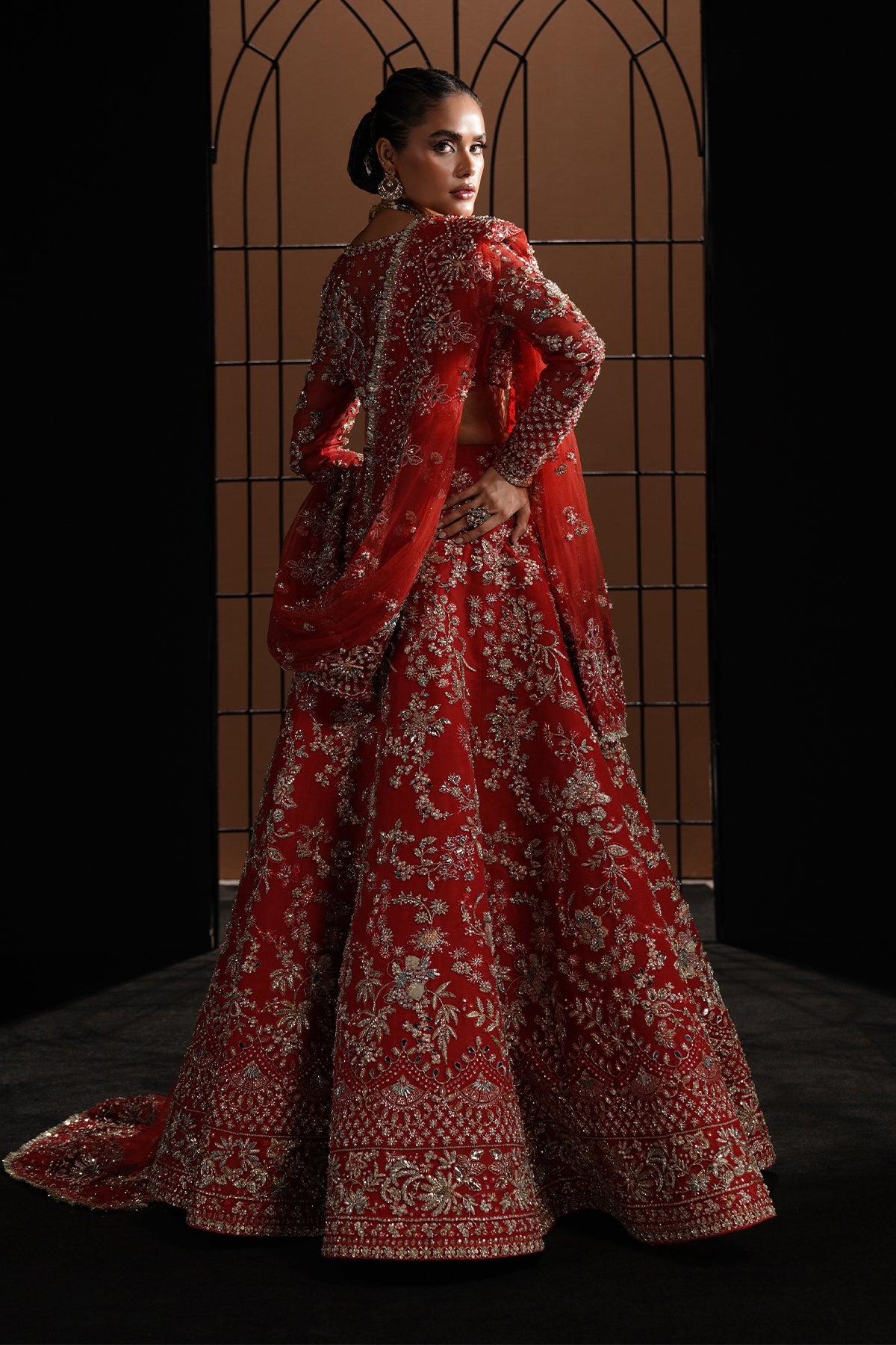 Deep Red Embellished Net Silk Bridal Lehenga Choli (3-Piece) - Image 2