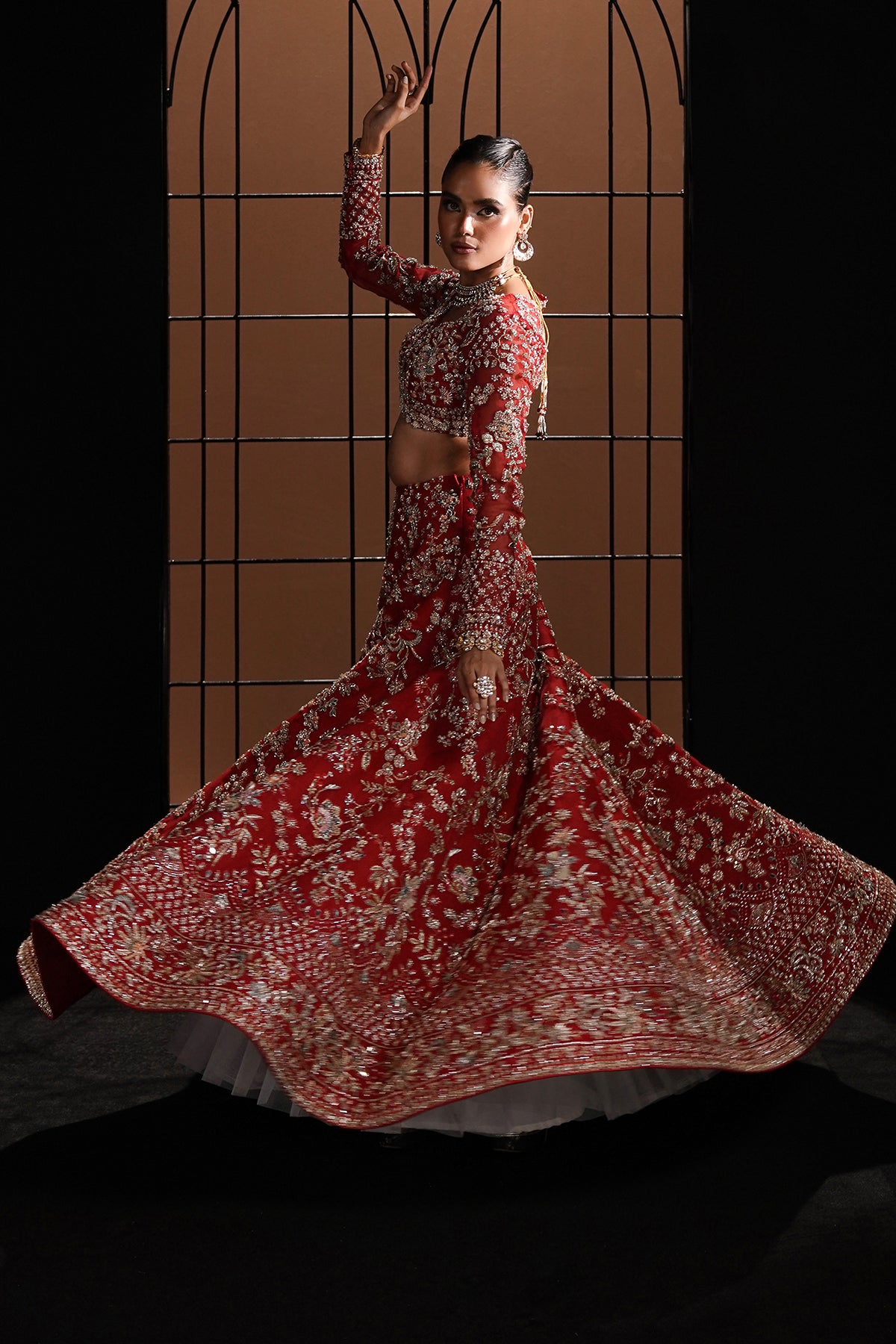 Deep Red Embellished Net Silk Bridal Lehenga Choli (3-Piece) - Image 3