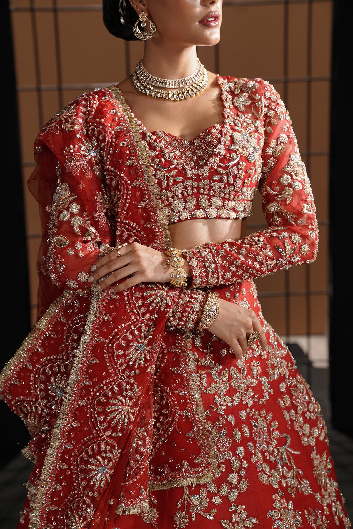 Deep Red Embellished Net Silk Bridal Lehenga Choli (3-Piece) - Image 4