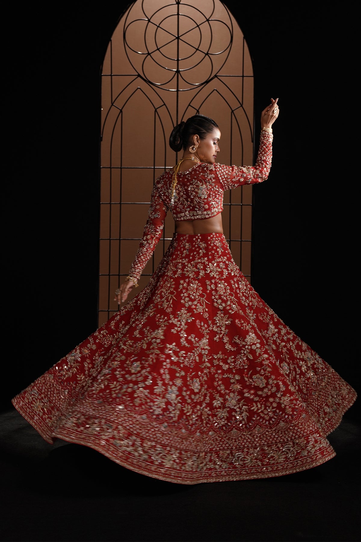 Deep Red Embellished Net Silk Bridal Lehenga Choli (3-Piece) - Image 5