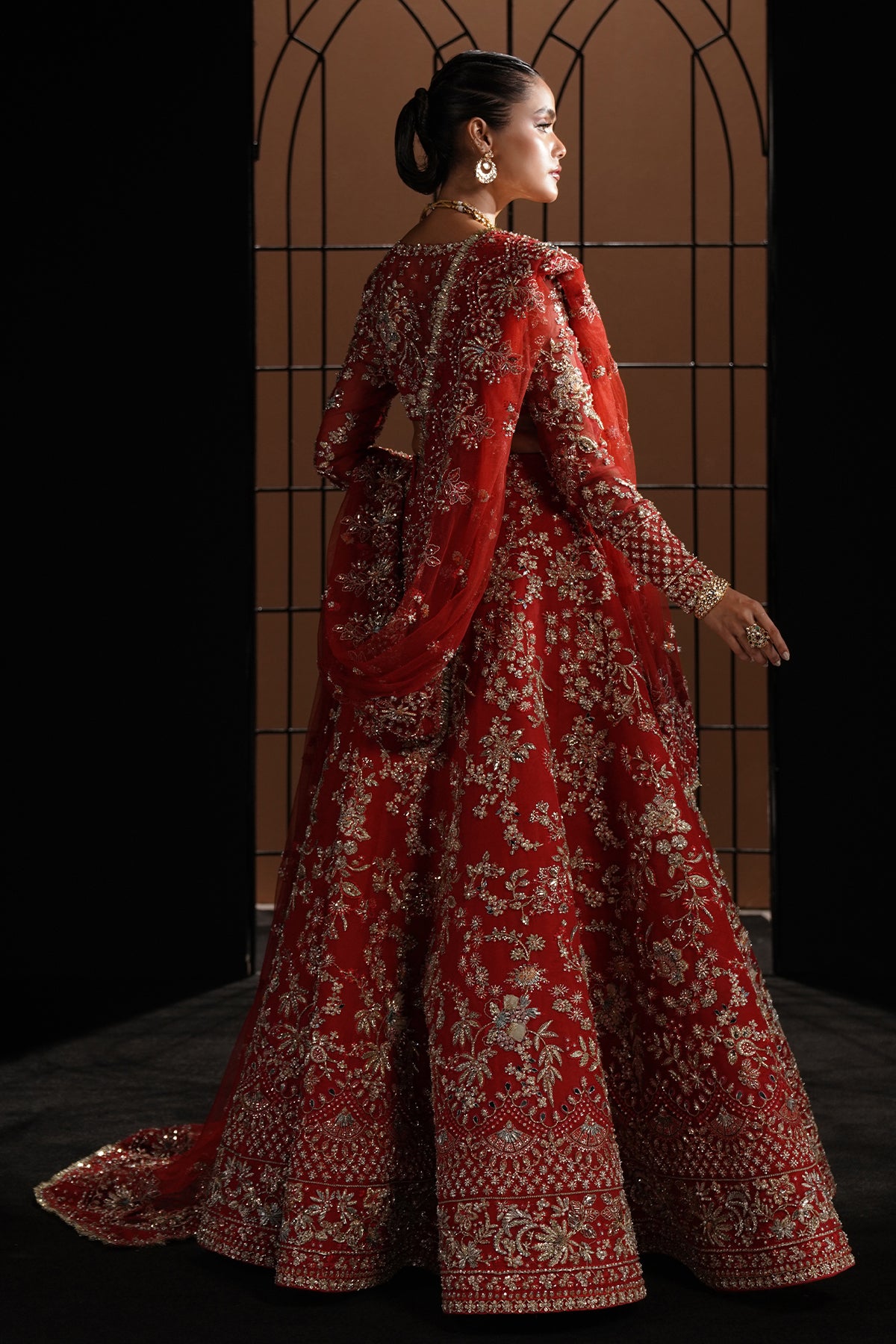 Deep Red Embellished Net Silk Bridal Lehenga Choli (3-Piece) - Image 6