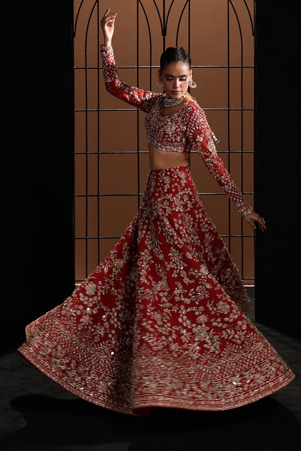 Deep Red Embellished Net Silk Bridal Lehenga Choli (3-Piece) - Image 7