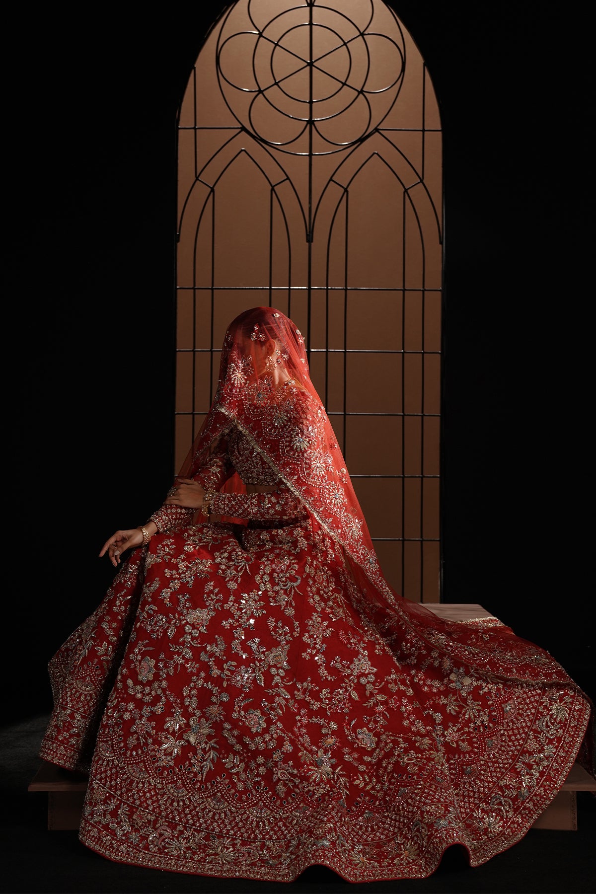 Deep Red Embellished Net Silk Bridal Lehenga Choli (3-Piece) - Image 8