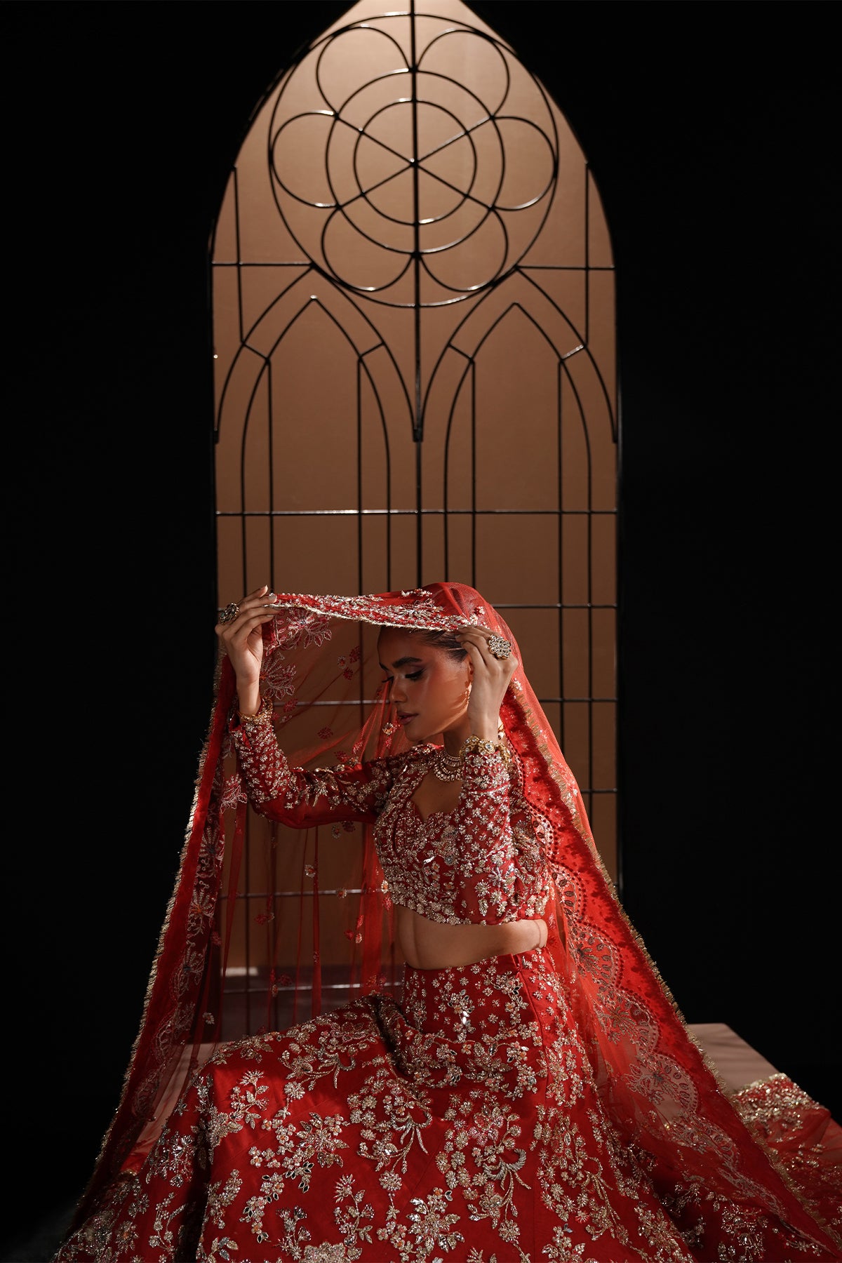 Deep Red Embellished Net Silk Bridal Lehenga Choli (3-Piece) - Image 9