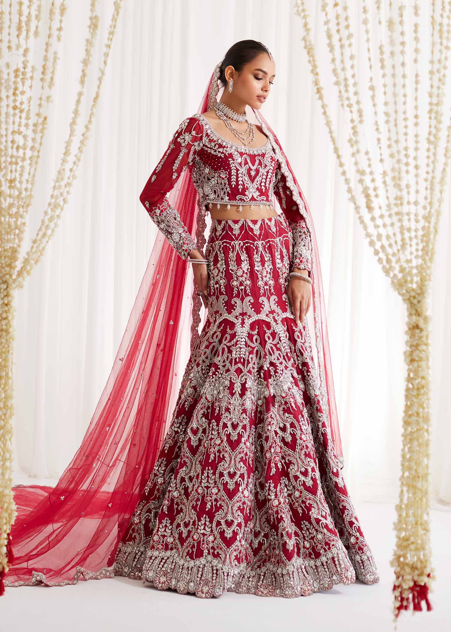 Pakistani Red Embellished Net Bridal Lehenga (3-Piece) - Image 2