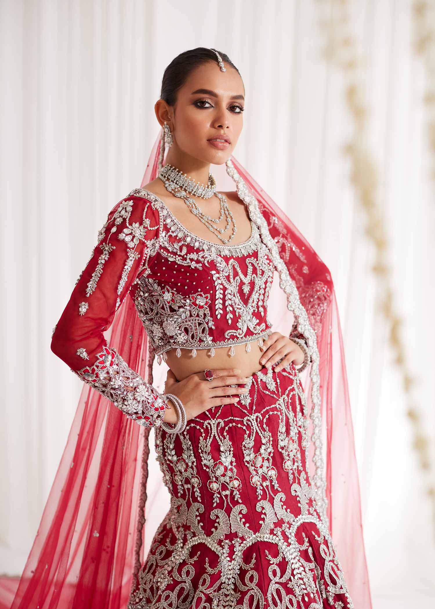 Pakistani Red Embellished Net Bridal Lehenga (3-Piece) - Image 3