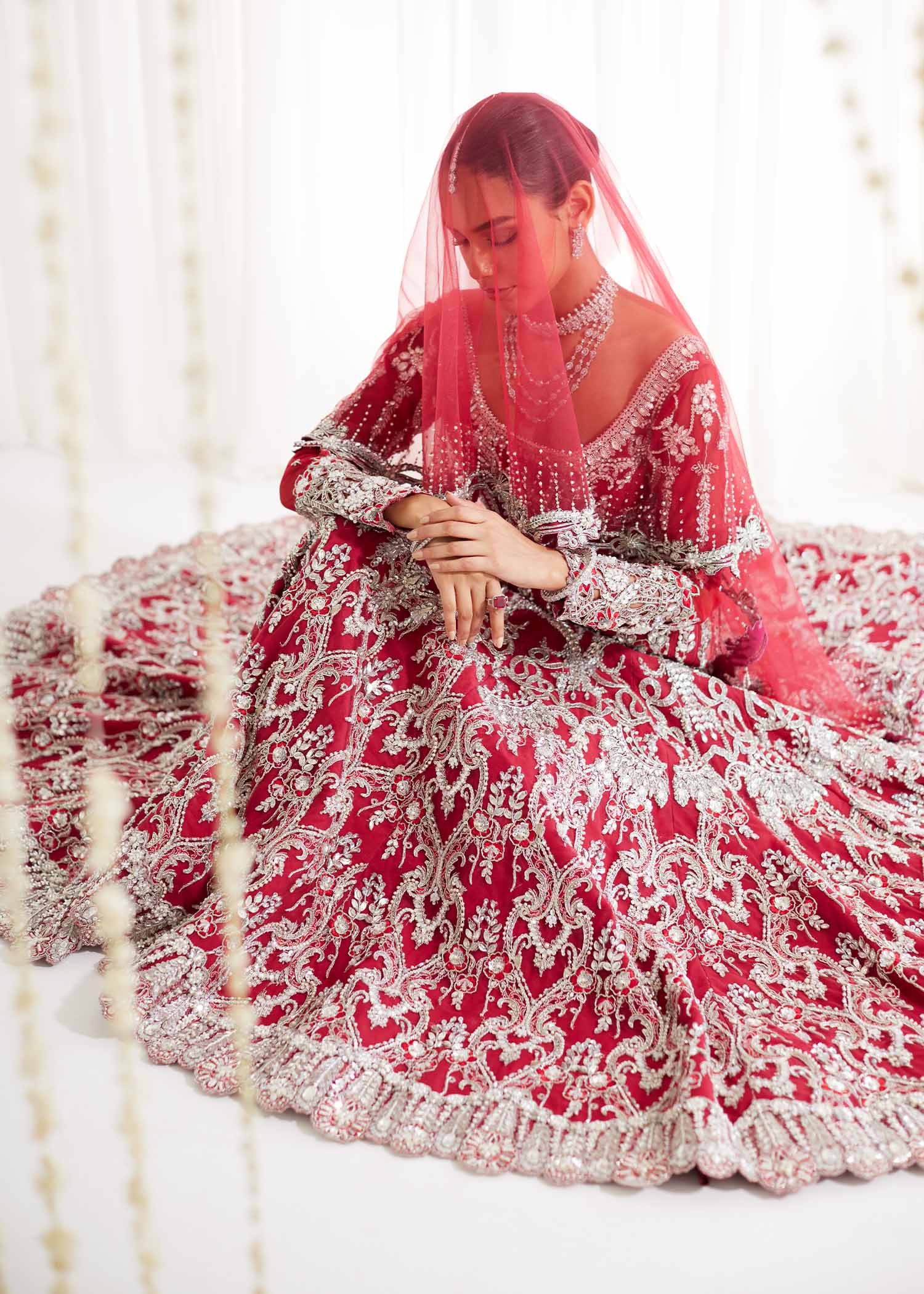 Pakistani Red Embellished Net Bridal Lehenga (3-Piece) - Image 5